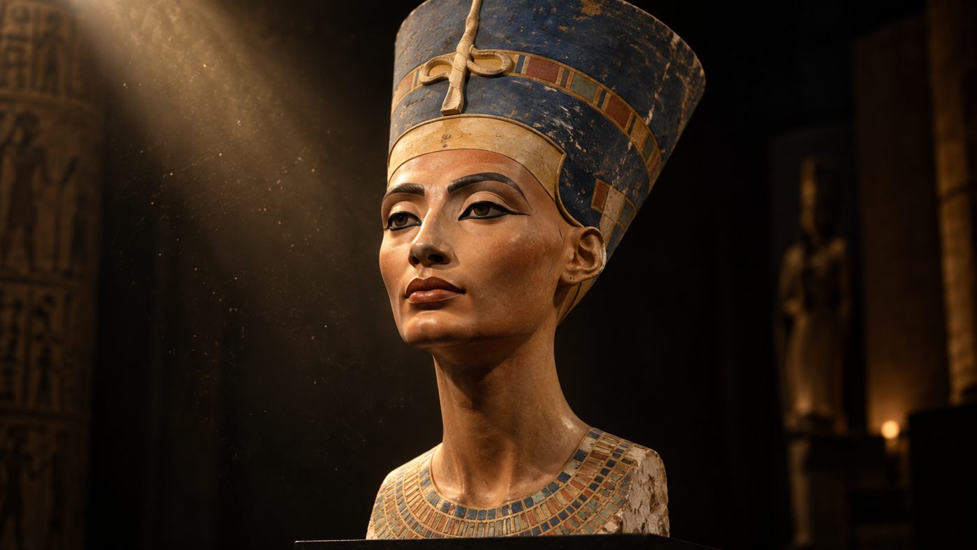The Nefertiti bust in a shaft of light