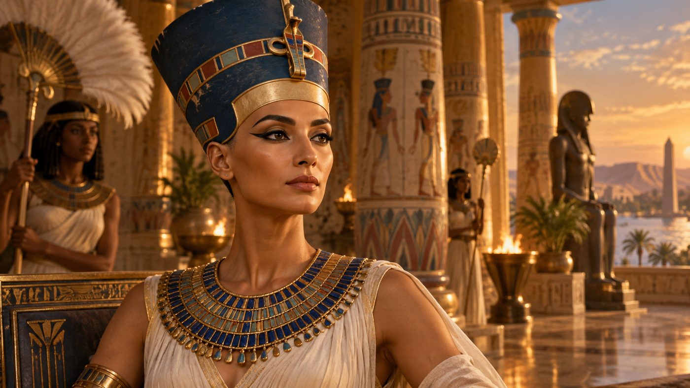 Nefertiti imagined in a palace at sunset